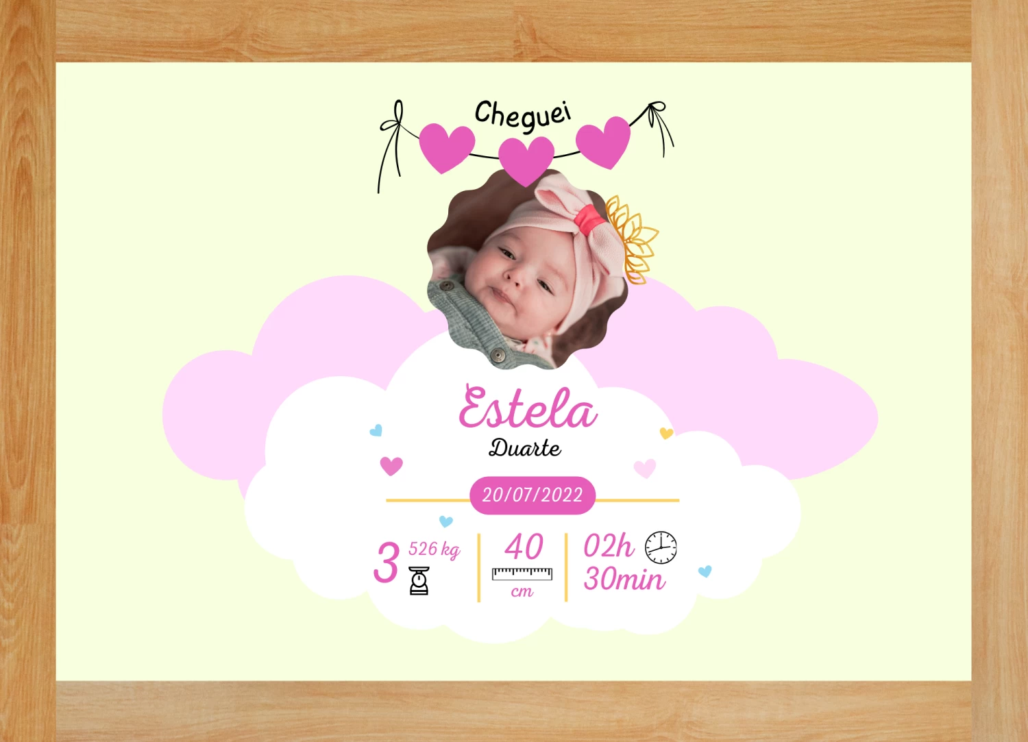 Porta-Retrato de Madeira 13x18 Personalizado com Foto e Dados do Nascimento do Bebê Menina