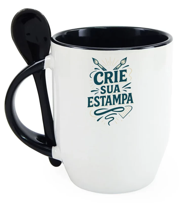 Caneca Personalizada com Colher – Alça e Interior Preto– Cerâmica 325ml