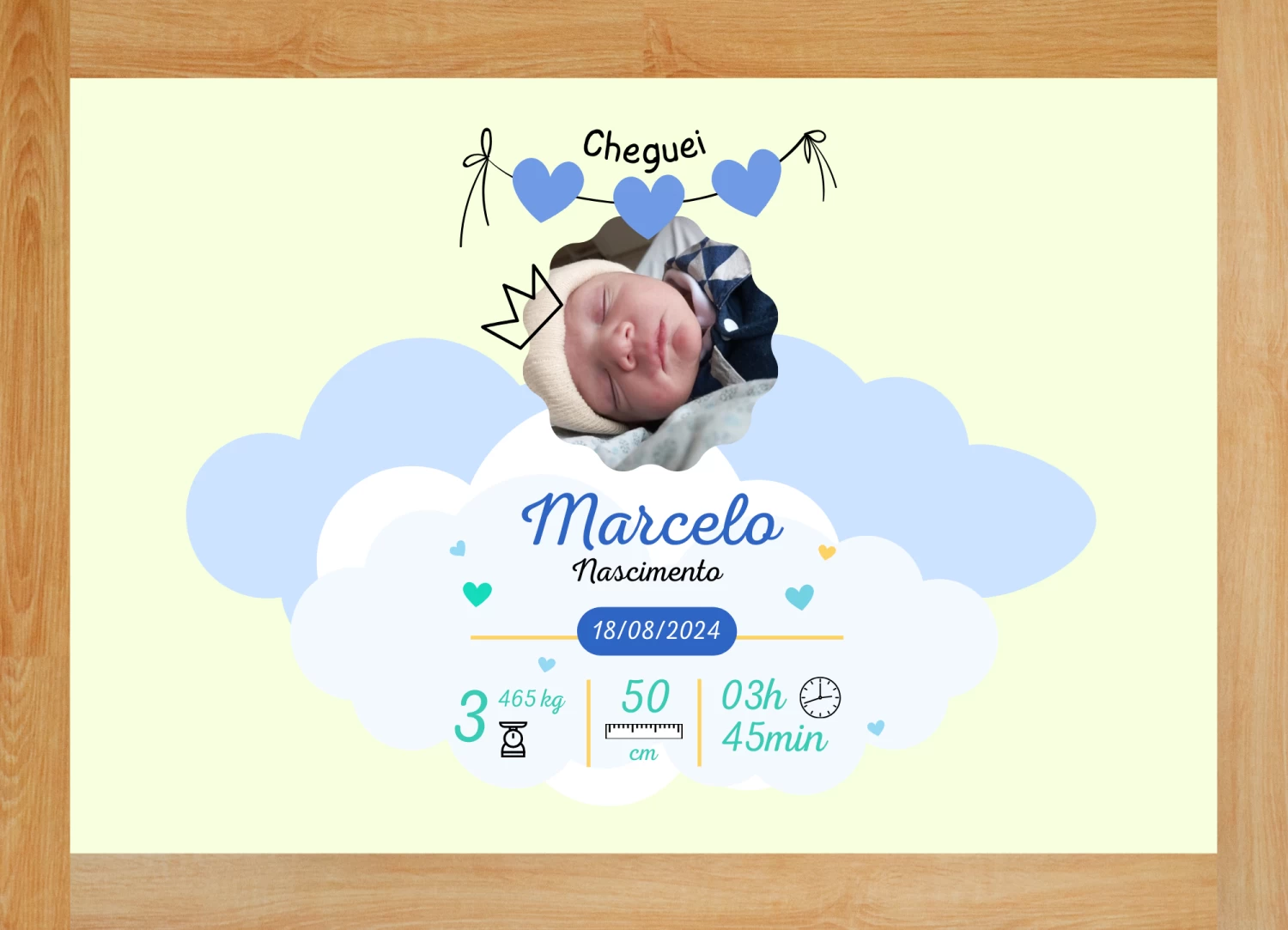 Porta-Retrato de Madeira 13x18 Personalizado com Foto e Dados do Nascimento do Bebê Menino