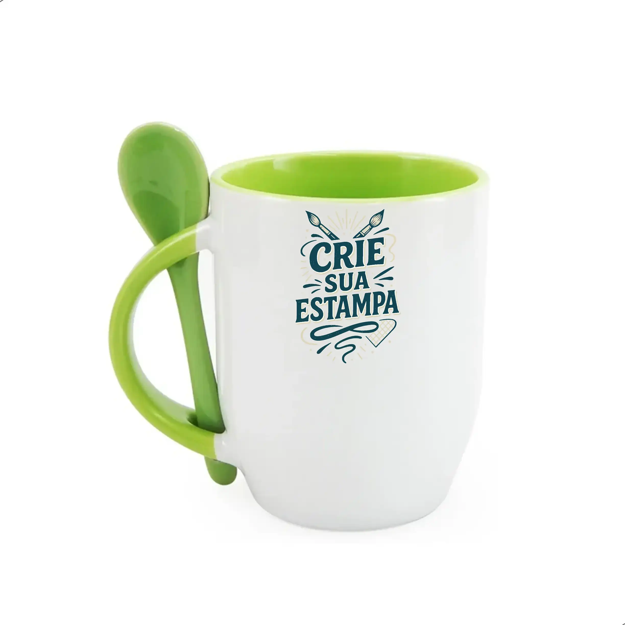 Caneca Personalizada com Colher – Alça e Interior Verde – Cerâmica 325ml