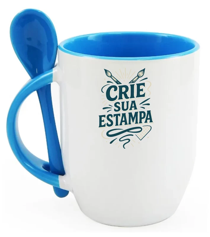 Caneca Personalizada com Colher – Alça e Interior Azul Claro– Cerâmica 325ml