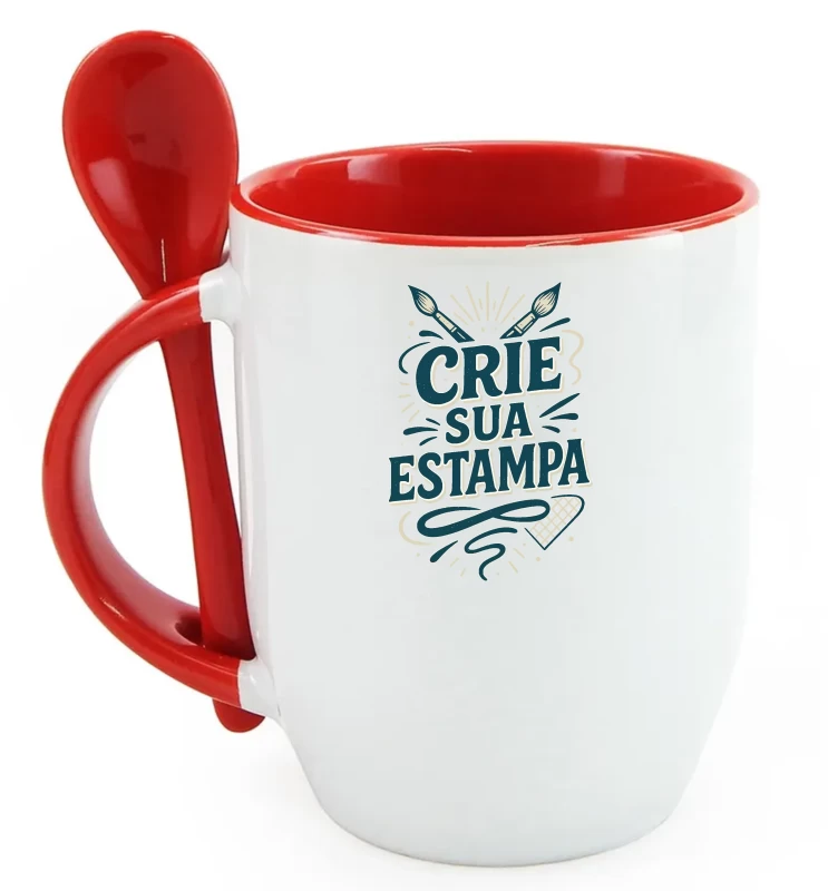 Caneca Personalizada com Colher – Alça e Interior Vermelha– Cerâmica 325ml