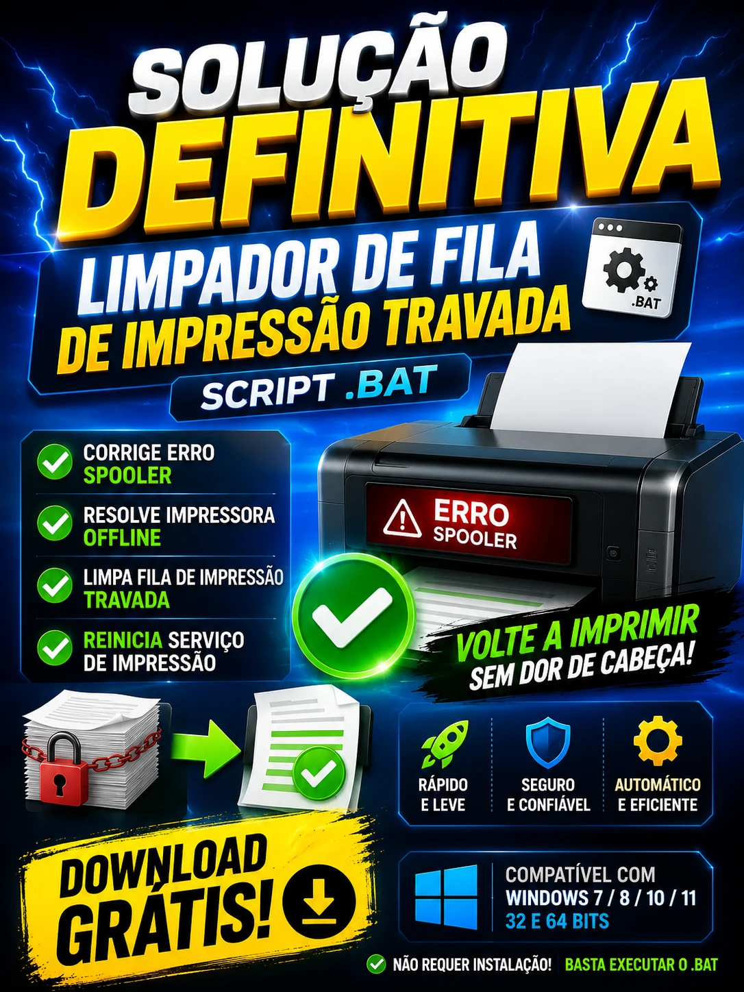 Solução Definitiva: Limpador de Fila de Impressão Travada (Script .BAT) – Corrige Erro Spooler e Impressora Offline