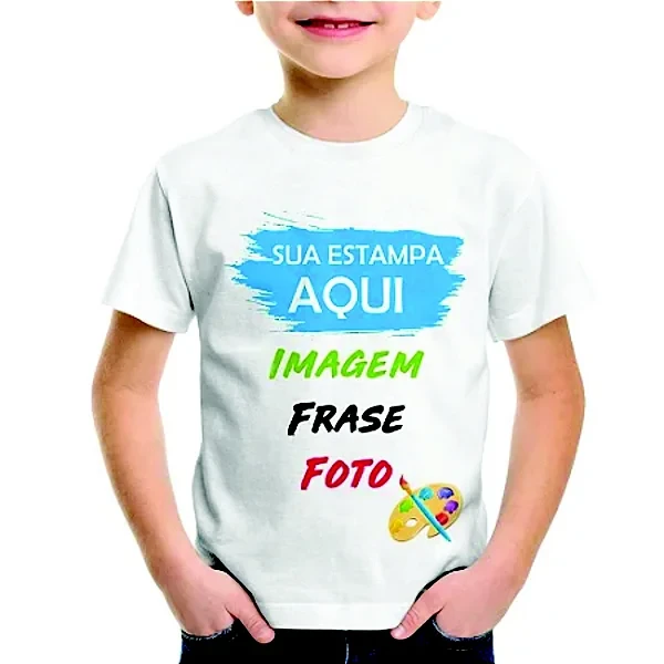 Camiseta Infantil Personalizada com Foto Nome ou Personagem - 100% Poliéster para Sublimação - Camisa Bebê e Criança