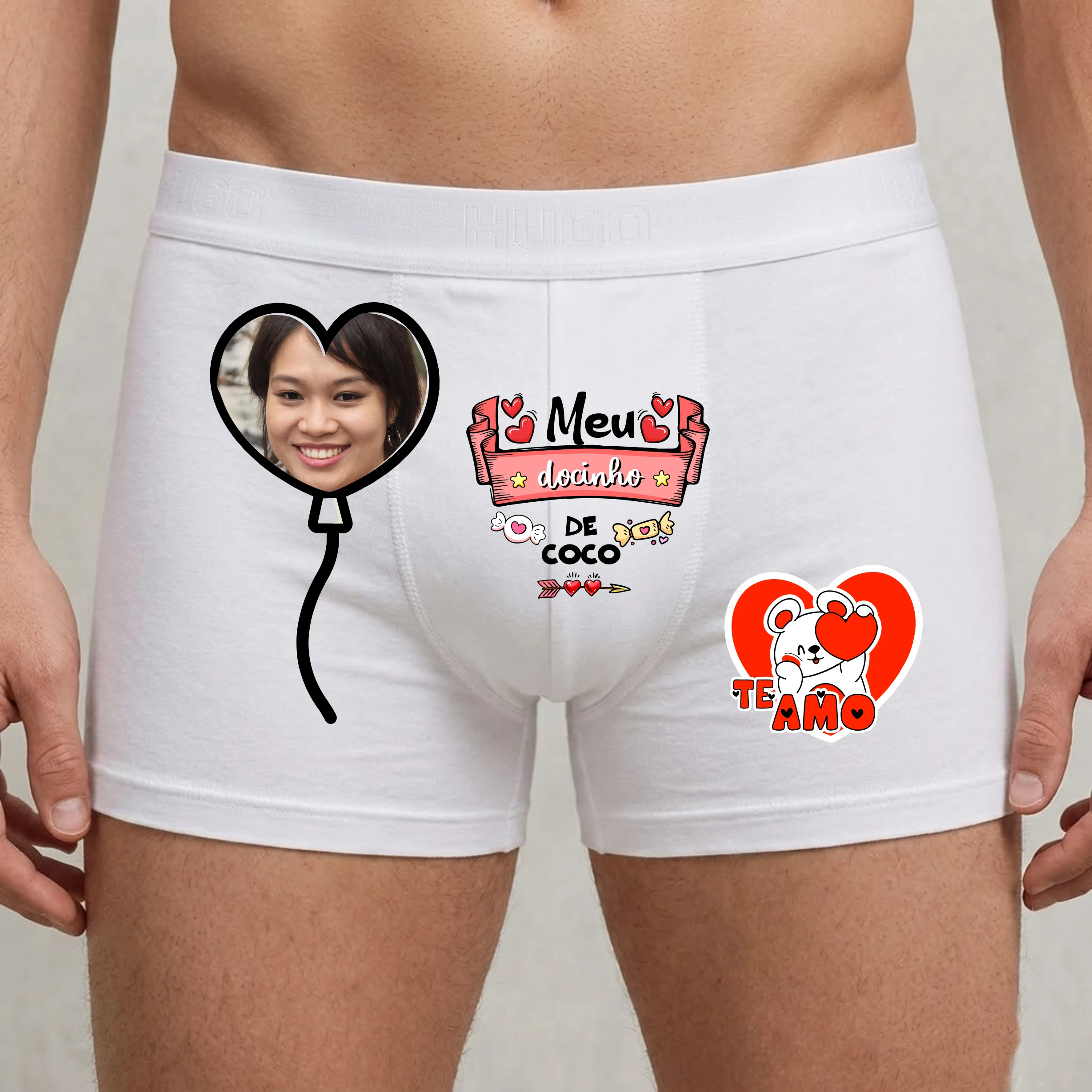 Modelo 17 - Cueca Boxer Personalizada com Foto e frase "Meu docinho de coco"