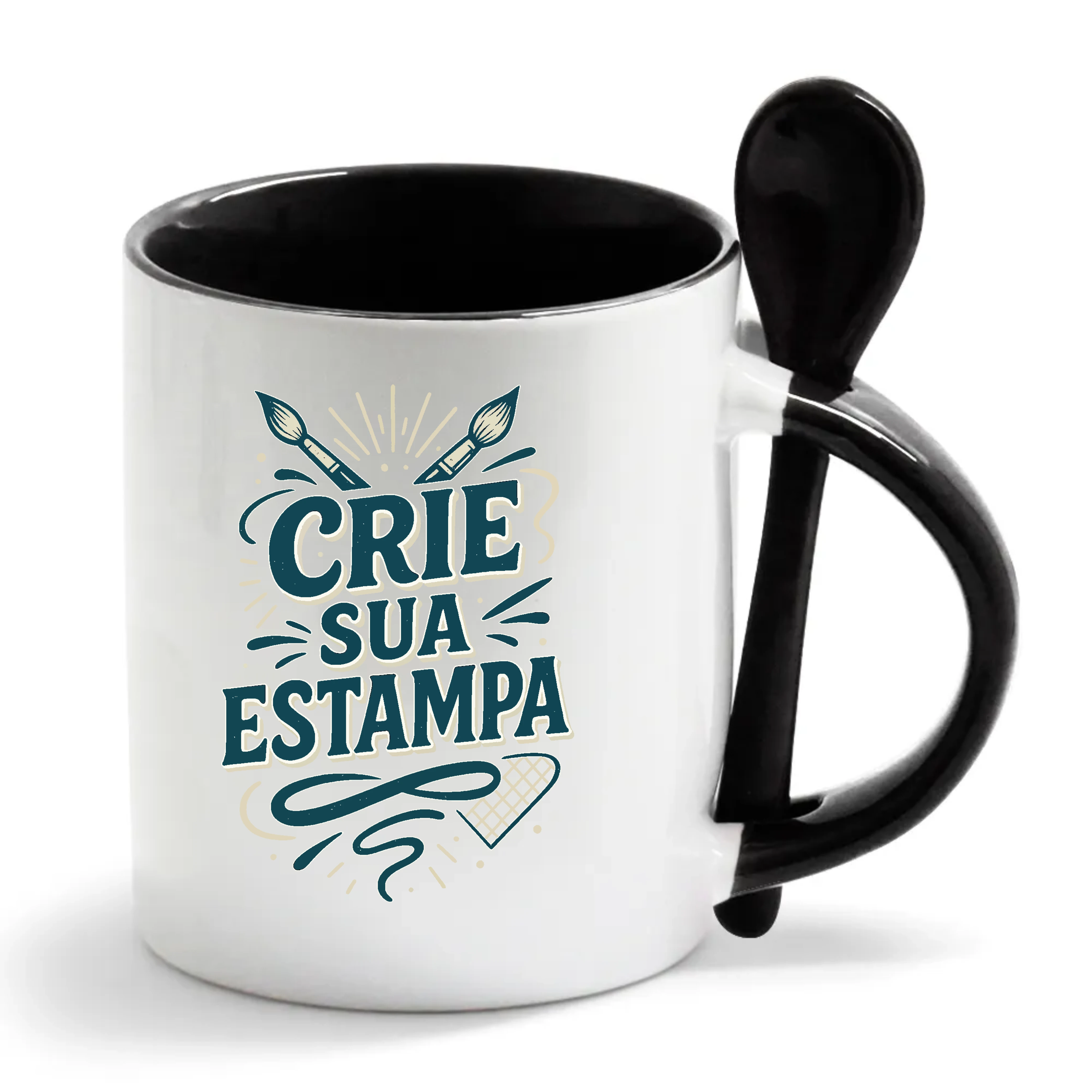 Caneca Personalizada com Colher – Alça e Interior Preto– Cerâmica 325ml