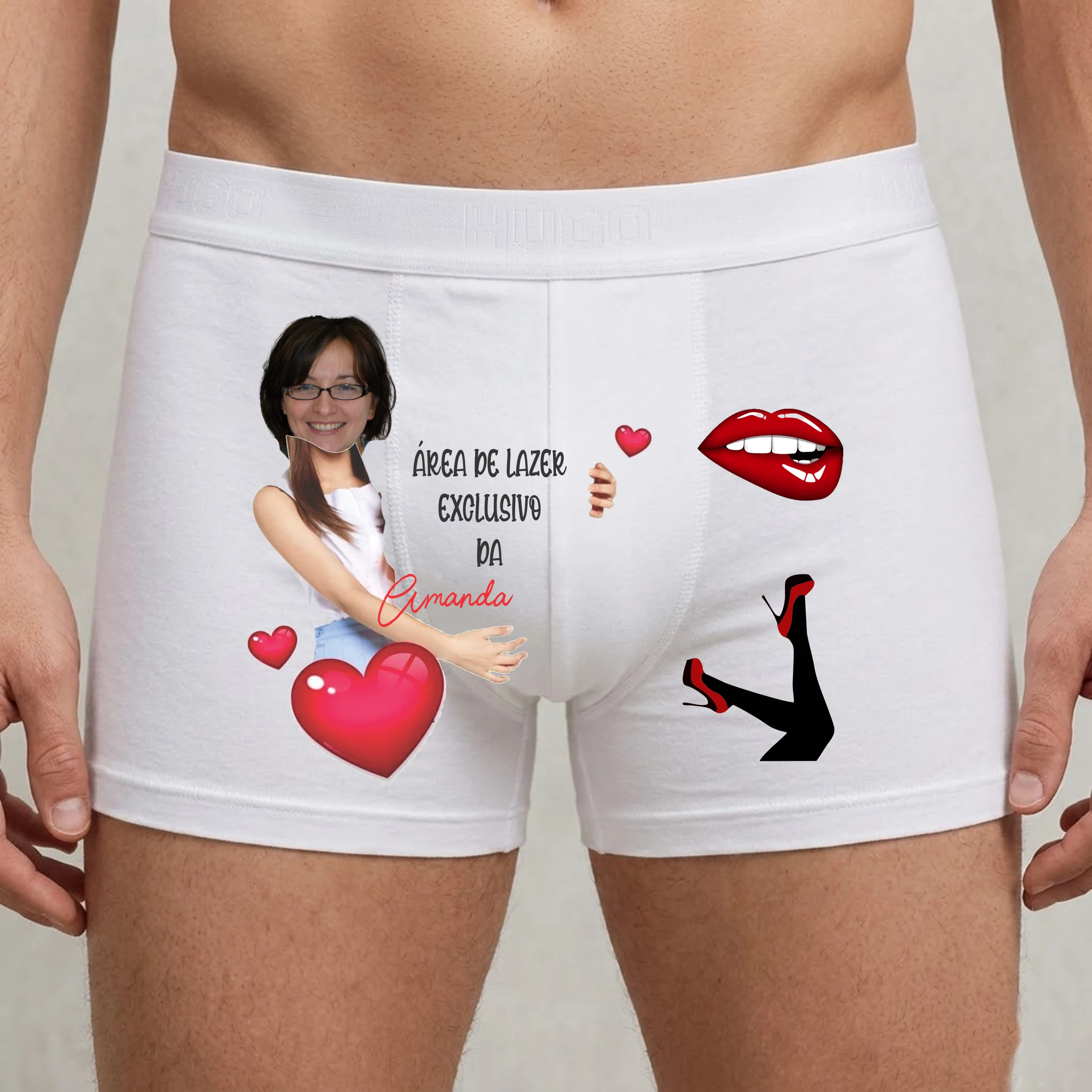 Modelo 18 - Cueca Boxer Personalizada com Foto e frase "Área de lazer exclusivo da"