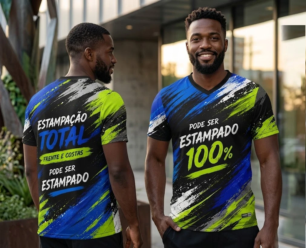 Camiseta Personalizada Sublimação Total Frente e Verso - Gola V - Estampa Full Print Sem Limite de Cores - 100% Poliéster