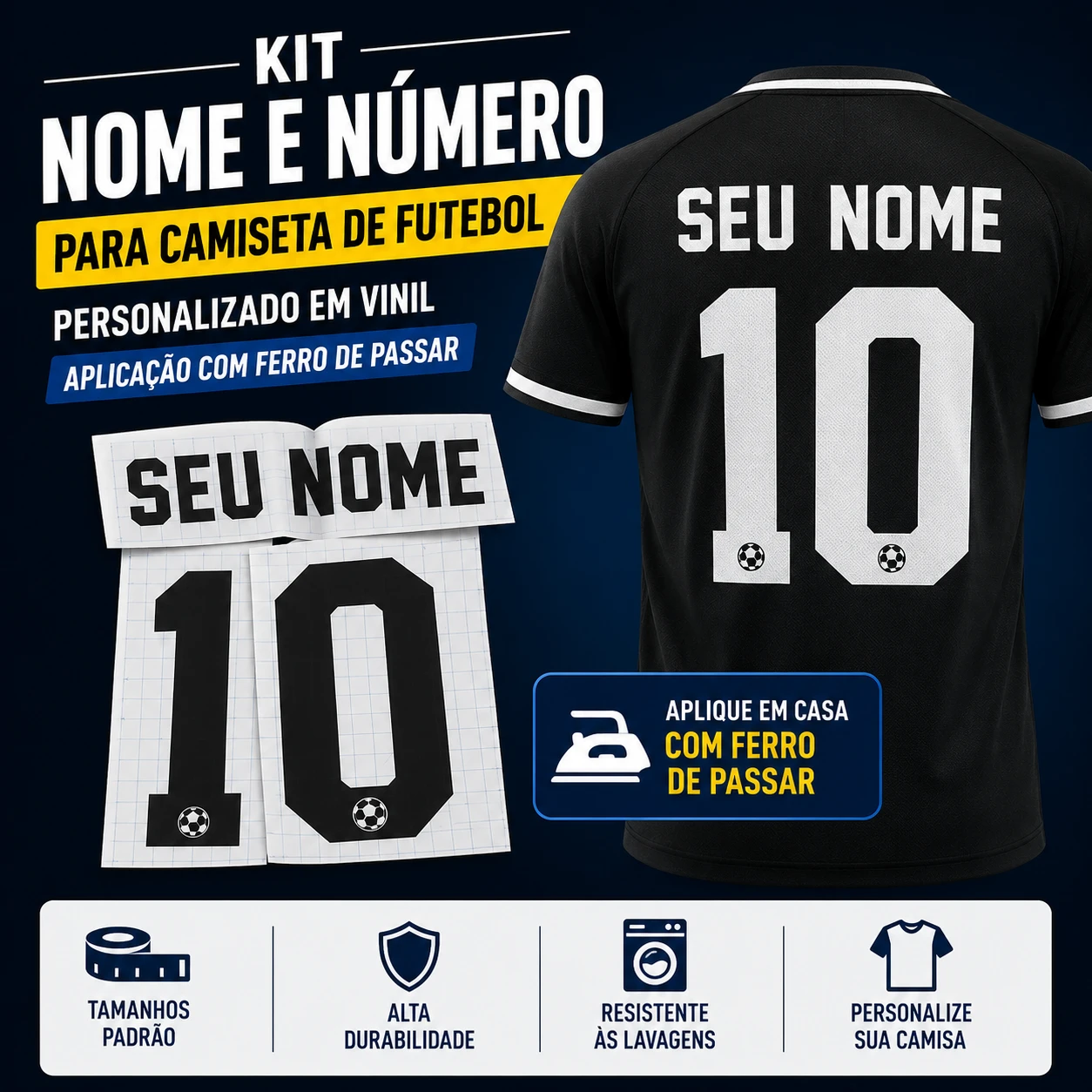 Kit Nome e Número para Camiseta de Futebol | Personalizado em Vinil para Aplicação com Ferro