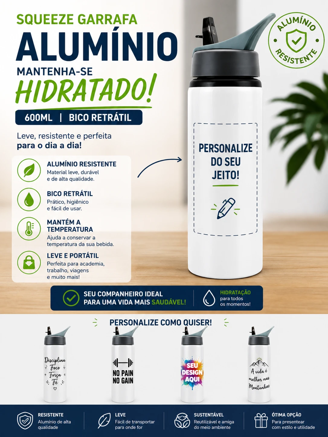 Squeeze Garrafa Alumínio Mantenha-se Hidratado 600ml Branco Com Bico Retrátil Personalizado