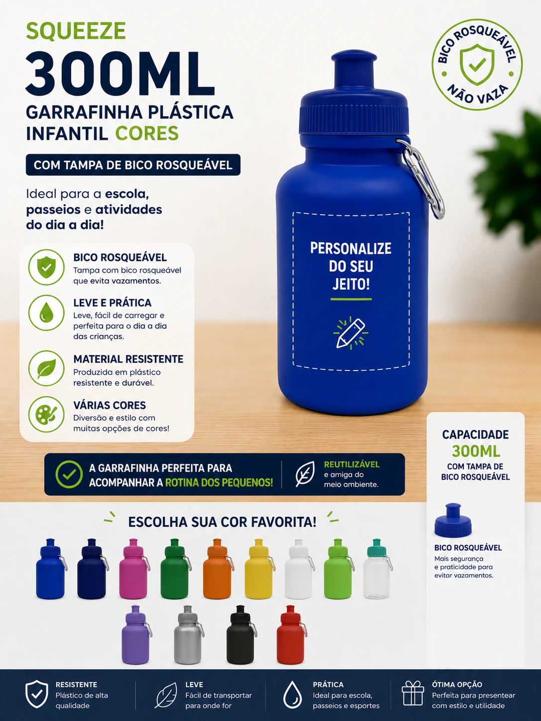 Squeeze 300ml Garrafinha Plástica Infantil Cores Com Tampa De Bico Rosqueável