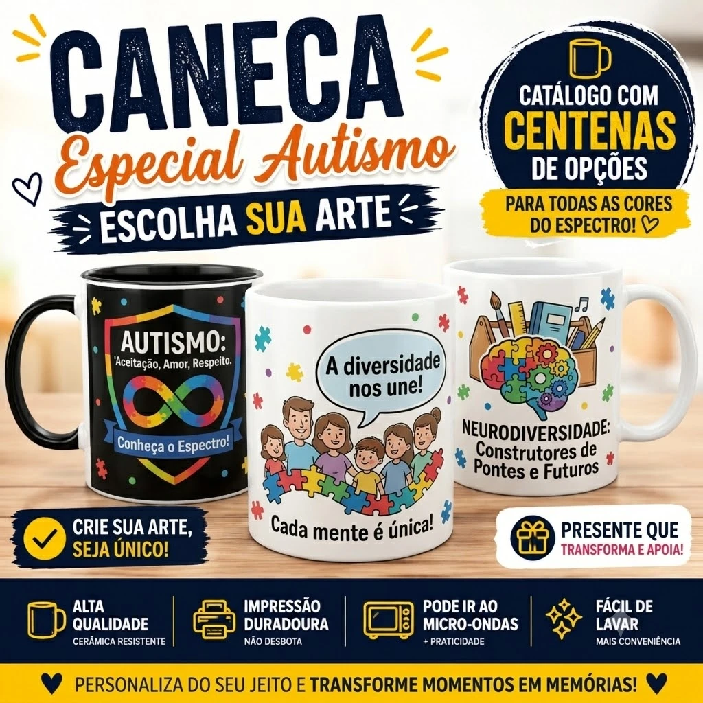 Caneca Personalizada Autismo – Escolha Sua Arte do Catálogo | Conscientização TEA