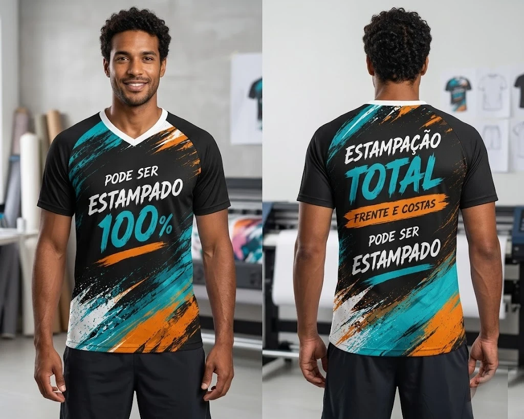 Camiseta Raglan Masculina Personalizada Sublimação Total Frente e Verso - Gola Careca Tradicional - Estampa Full Print - 100% Poliéster
