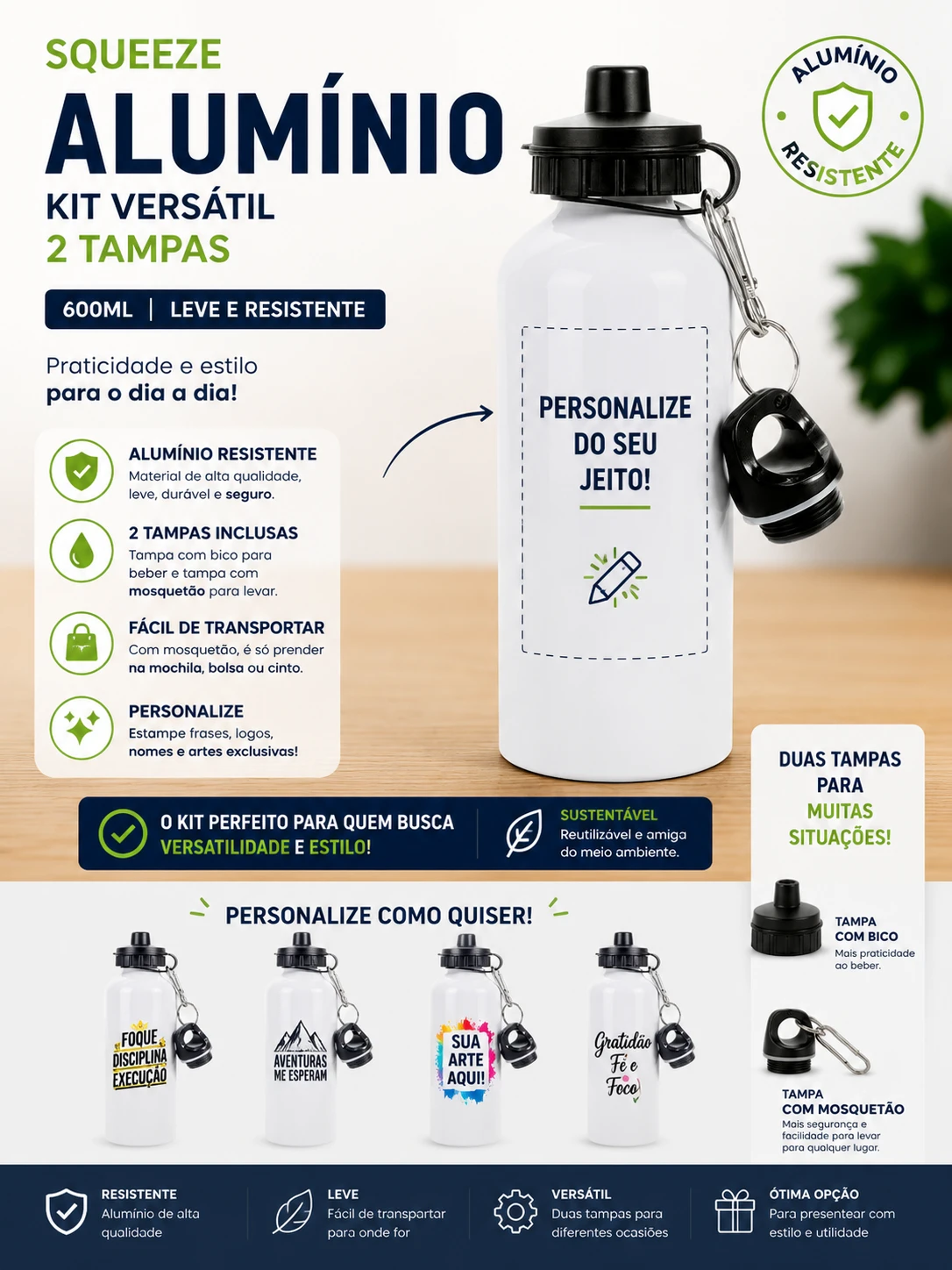 Squeeze Alumínio 600ml Personalizado Branco - 2 Tampas (Bico e Mosquetão) Kit Versátil