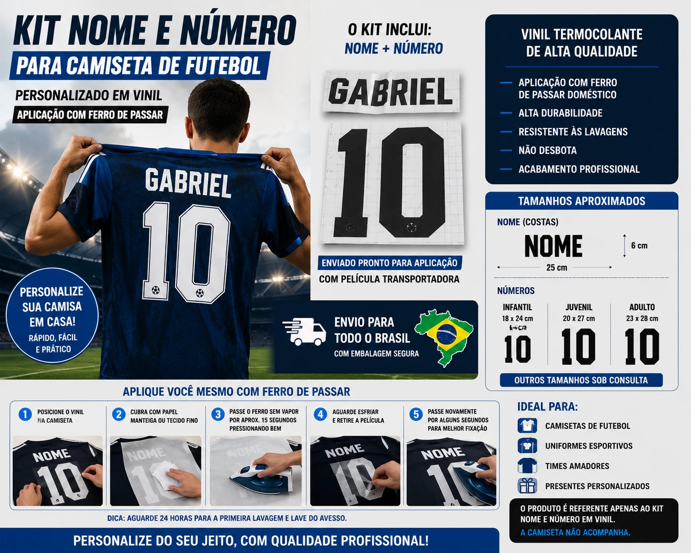 Kit Nome e Número para Camiseta de Futebol | Personalizado em Vinil para Aplicação com Ferro