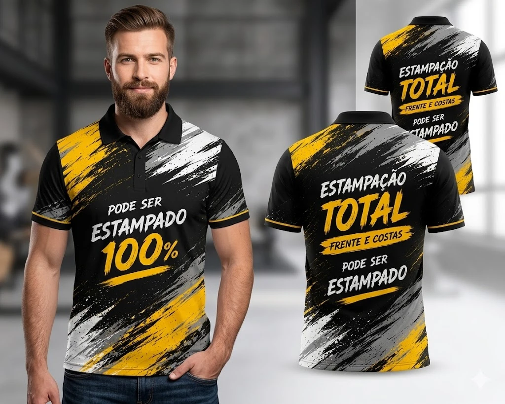 Camiseta Gola Polo Personalizada Sublimação Total Frente e Verso - Camisa Polo Estampa Full Print - 100% Poliéster Premium