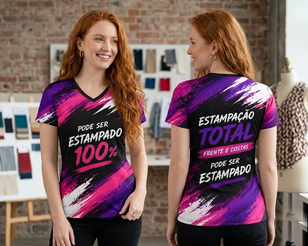 Camiseta Baby Look Feminina Personalizada Sublimação Total Frente e Verso - Gola V - Estampa Full Print - 100% Poliéster