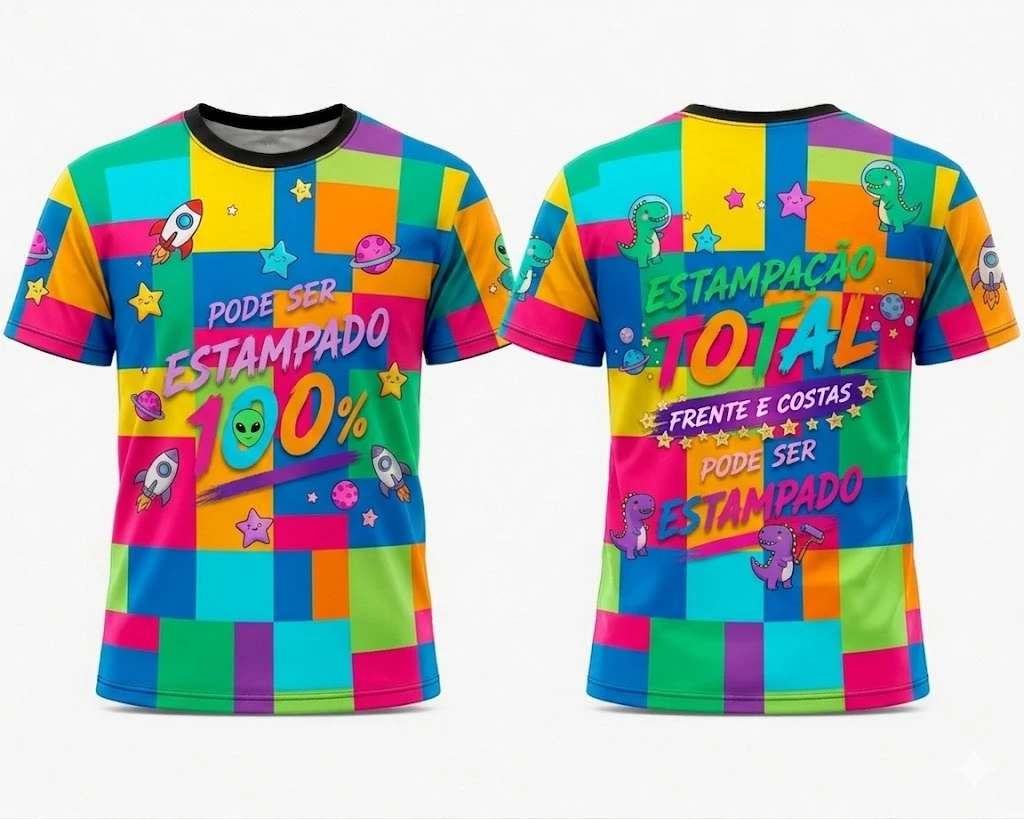 Camiseta Infantil Personalizada Sublimação Total Frente e Verso - Gola Careca Tradicional - Estampa Full Print - 100% Poliéster