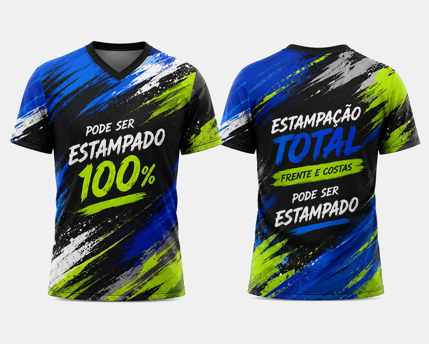 Camiseta Personalizada Sublimação Total Frente e Verso - Gola V - Estampa Full Print Sem Limite de Cores - 100% Poliéster