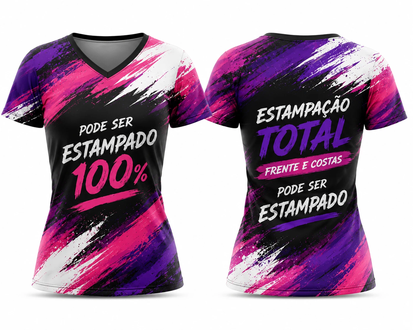Camiseta Baby Look Feminina Personalizada Sublimação Total Frente e Verso - Gola V - Estampa Full Print - 100% Poliéster