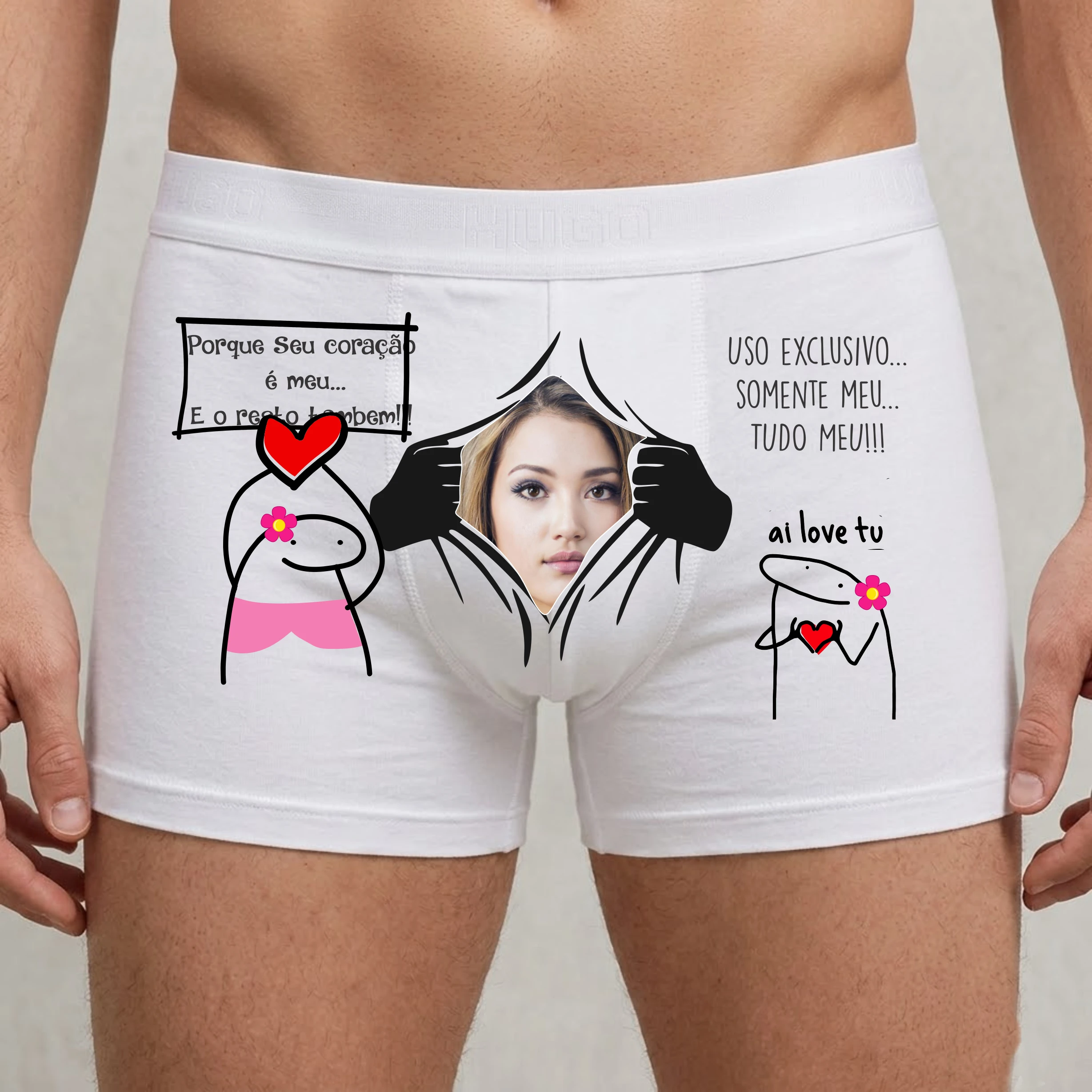 Modelo 14 - Cueca Boxer Personalizada com Foto e frase "Porque seu coração é meu... e o resto também"