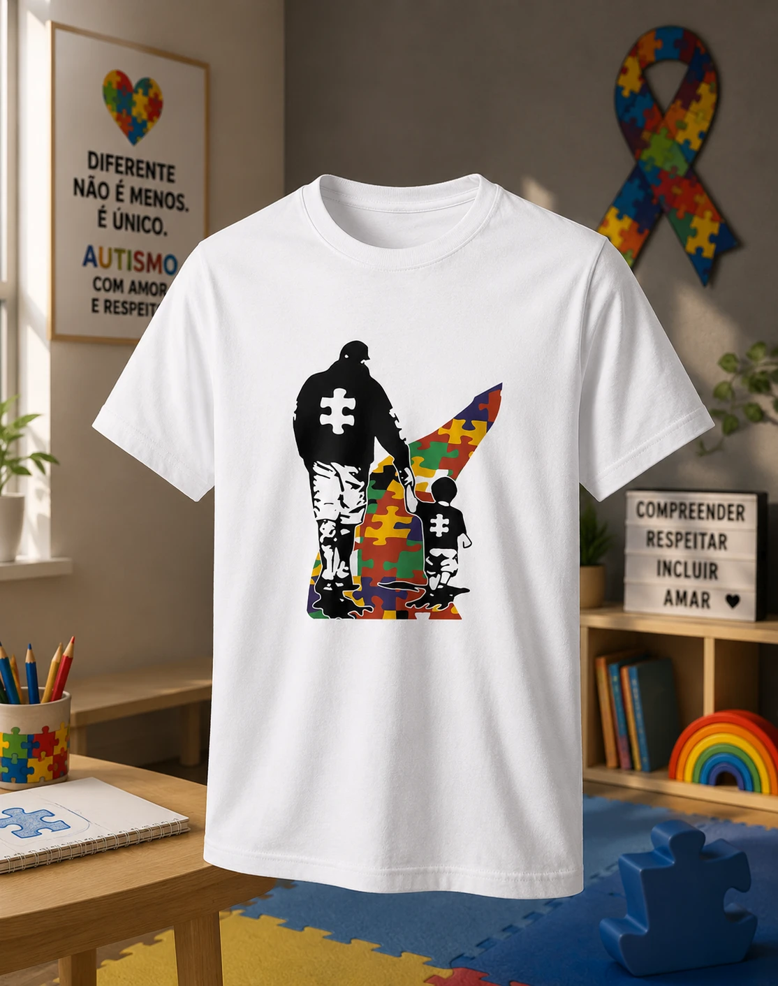Camiseta Autismo Pai De Autista Branca Poliéster Conscientização TEA Conforto