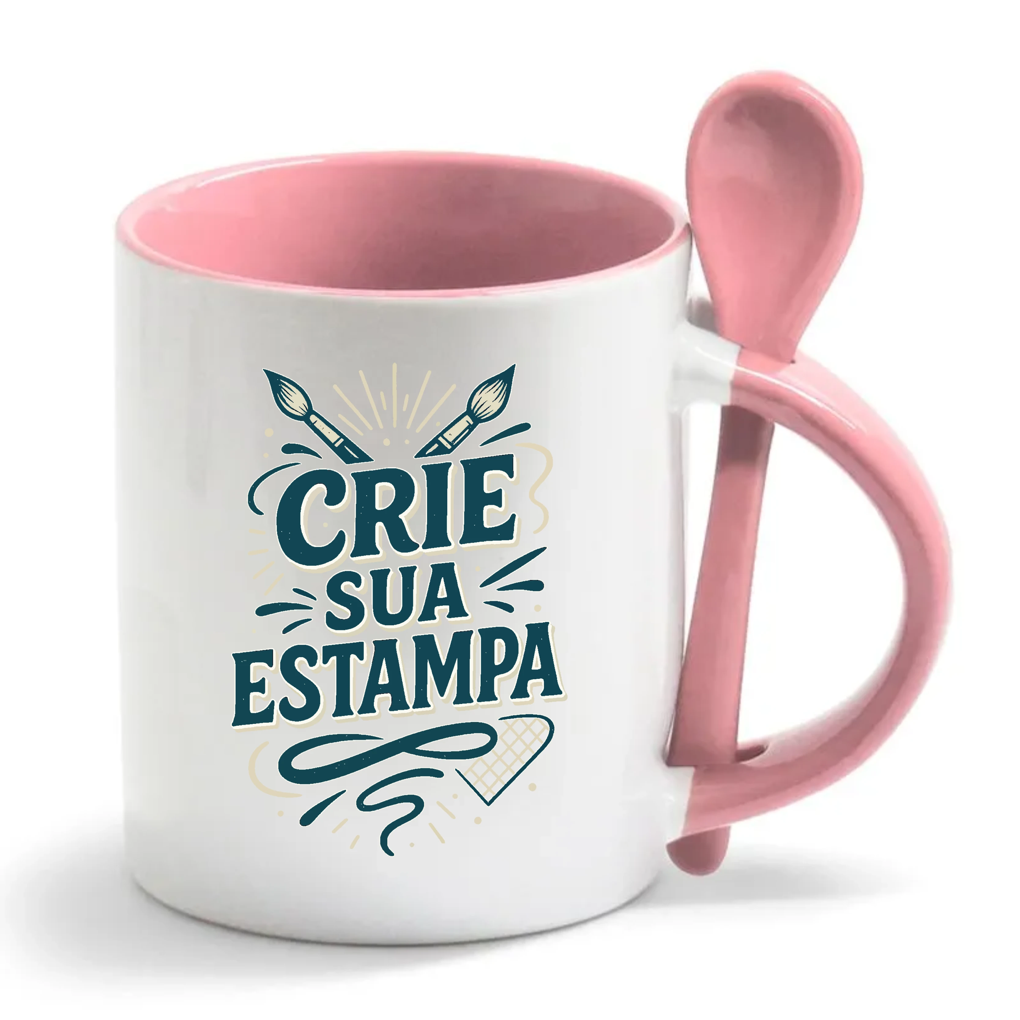 Caneca Personalizada com Colher – Alça e Interior Rosa – Cerâmica 325ml
