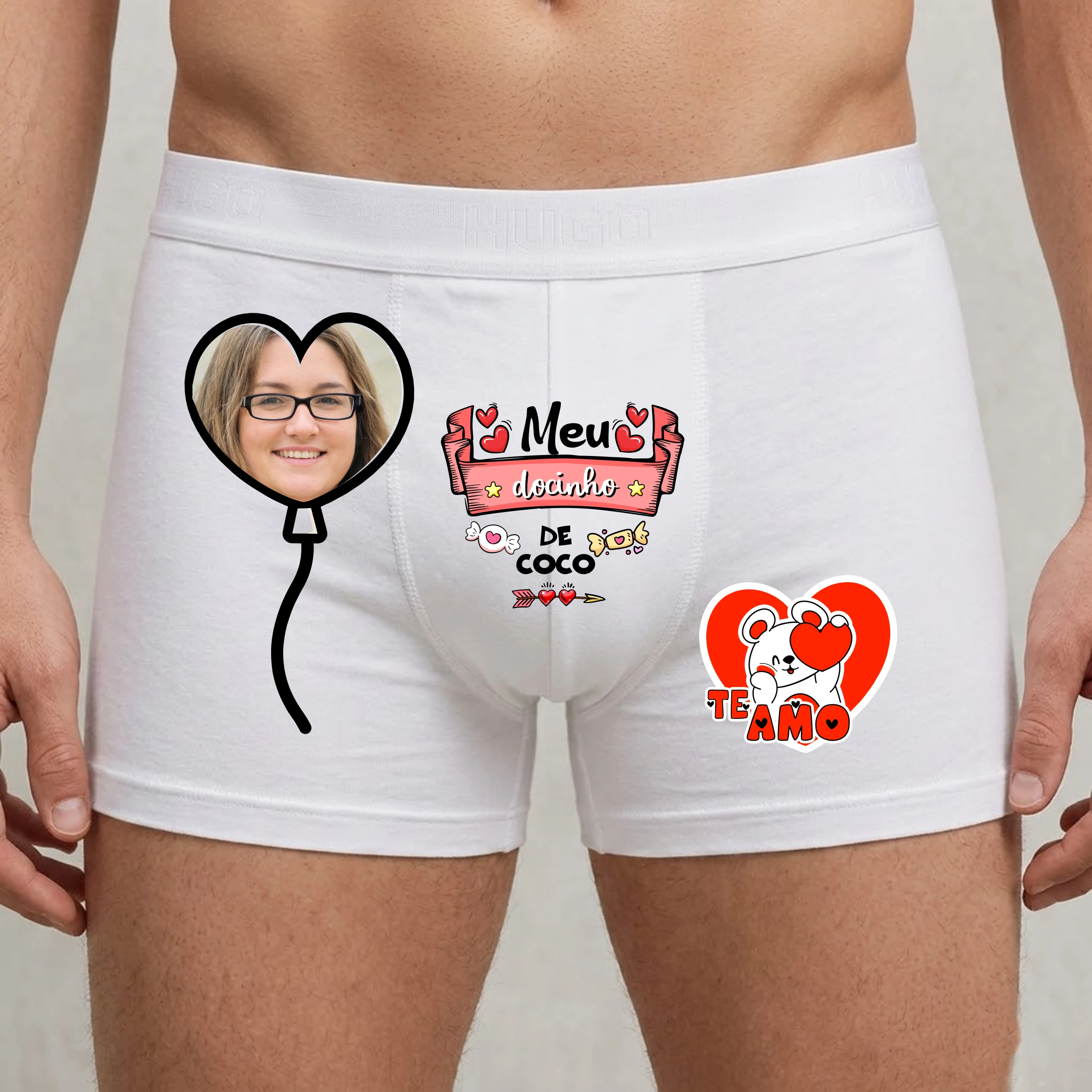 Modelo 24 - Cueca Boxer Personalizada com foto e frase "Meu docinho de coco"