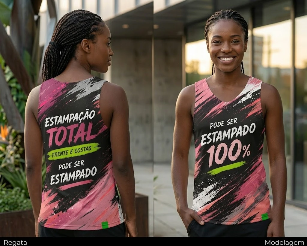 Camiseta Regata Feminina Sublimação Total Frente e Verso — Estampa Full Print 100% Poliéster