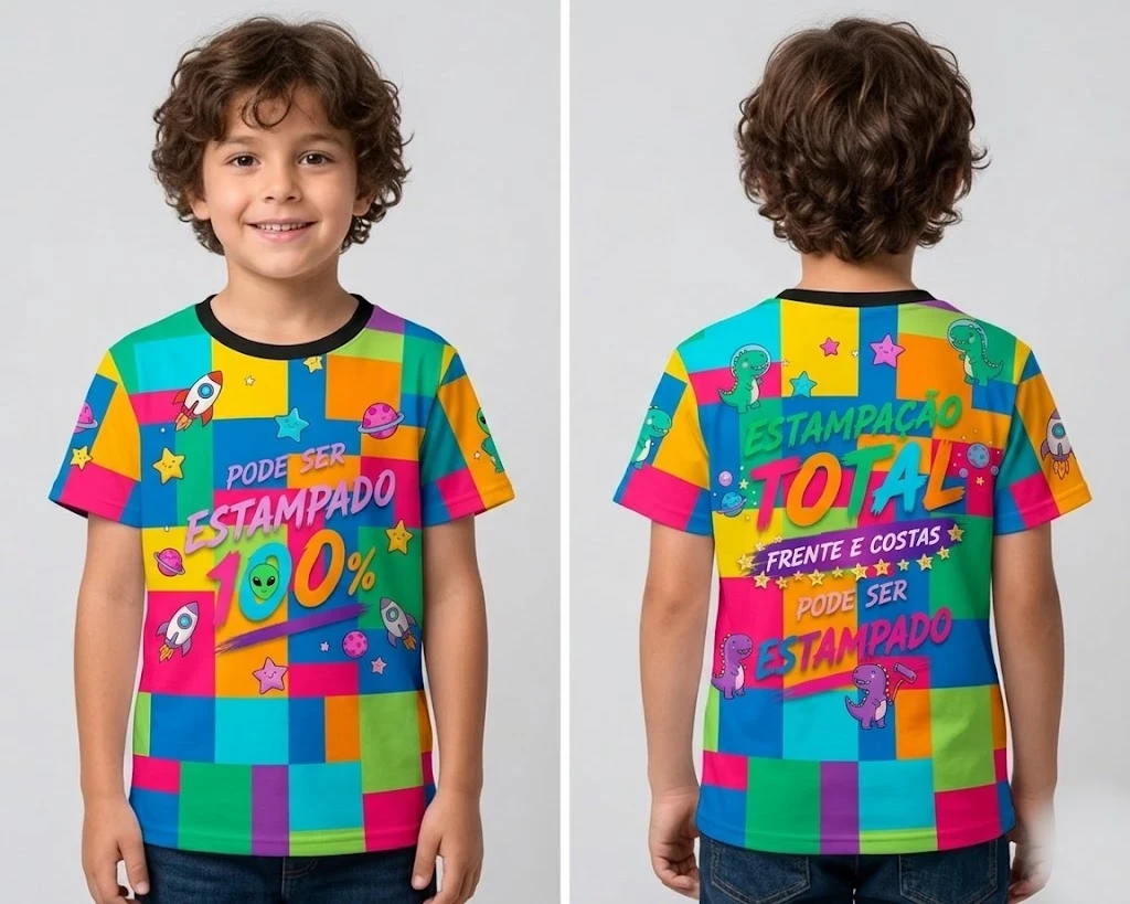 Camiseta Infantil Personalizada Sublimação Total Frente e Verso - Gola Careca Tradicional - Estampa Full Print - 100% Poliéster