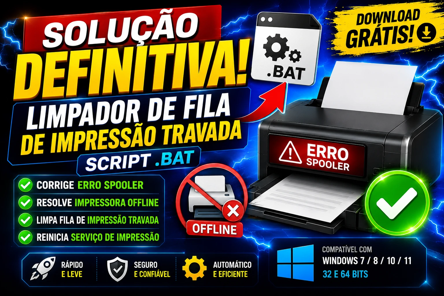 Solução Definitiva: Limpador de Fila de Impressão Travada (Script .BAT) – Corrige Erro Spooler e Impressora Offline