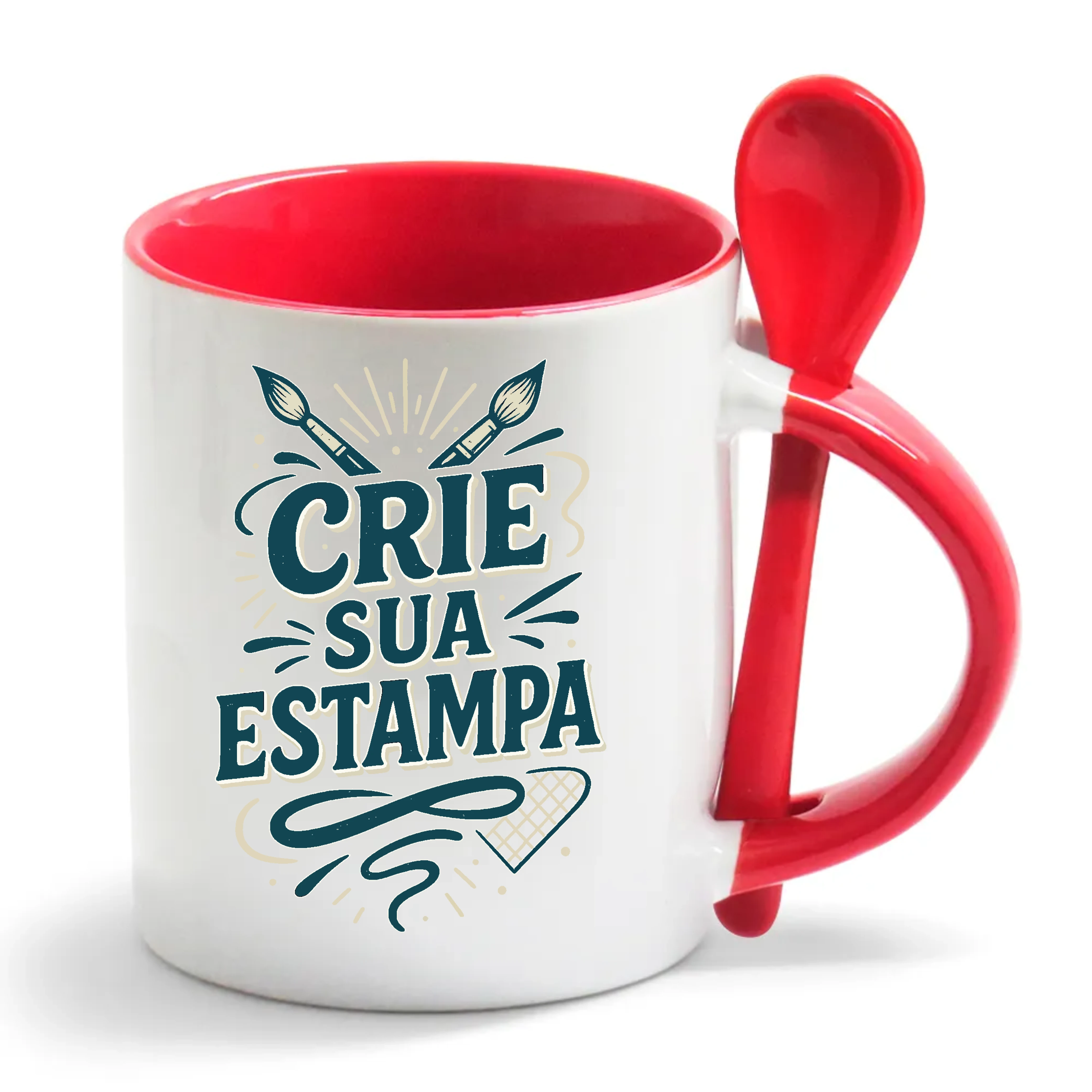Caneca Personalizada com Colher – Alça e Interior Vermelha– Cerâmica 325ml