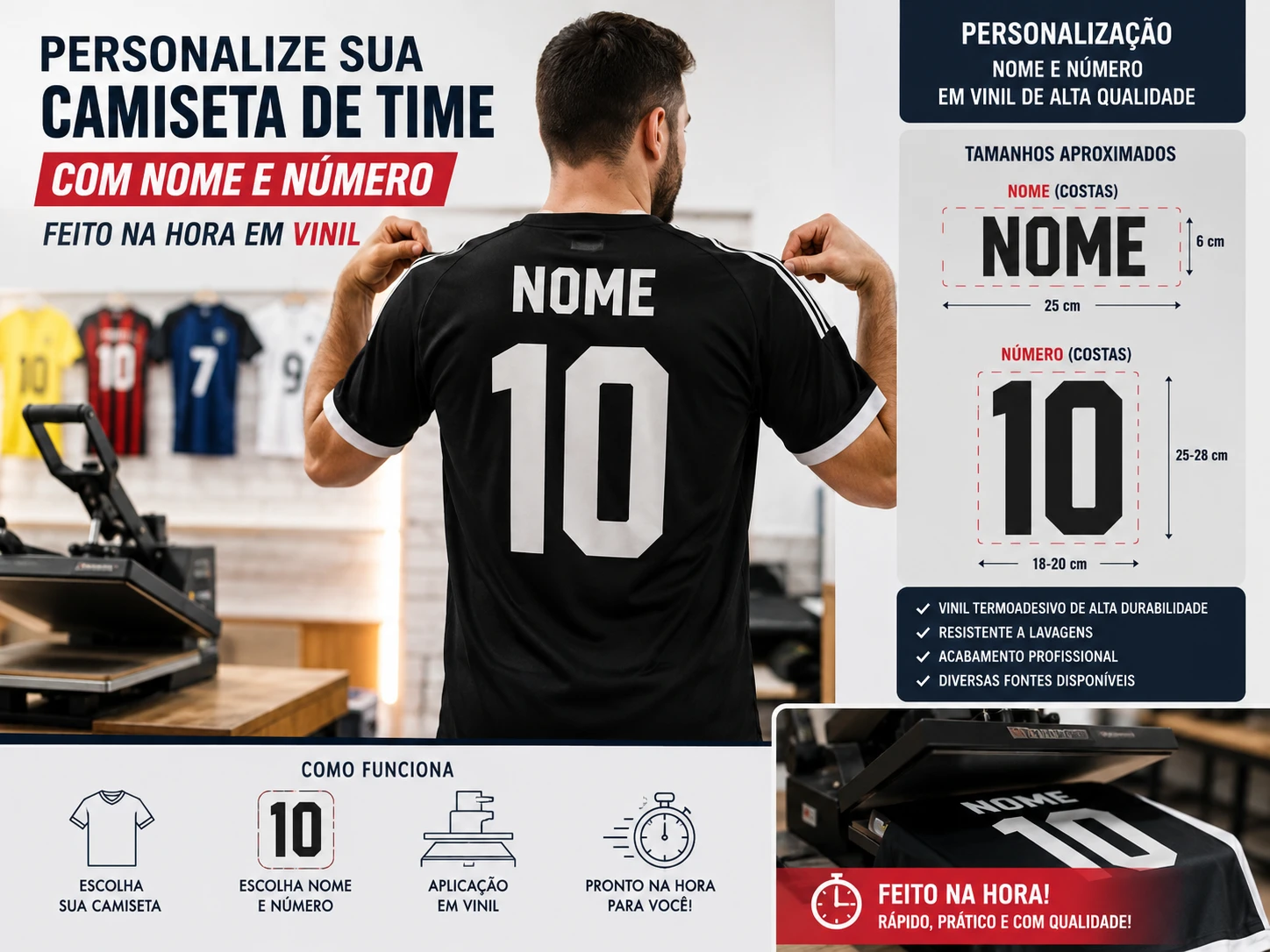 Personalização de Camiseta de Time com Nome e Número - Aplicação em Vinil Termocolante - Feito na Hora - Nome e Número Personalizado