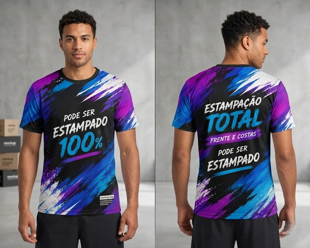 Camiseta Personalizada Sublimação Total Frente e Verso - Gola Careca Tradicional - Estampa Sem Limite de Cores - 100% Poliéster
