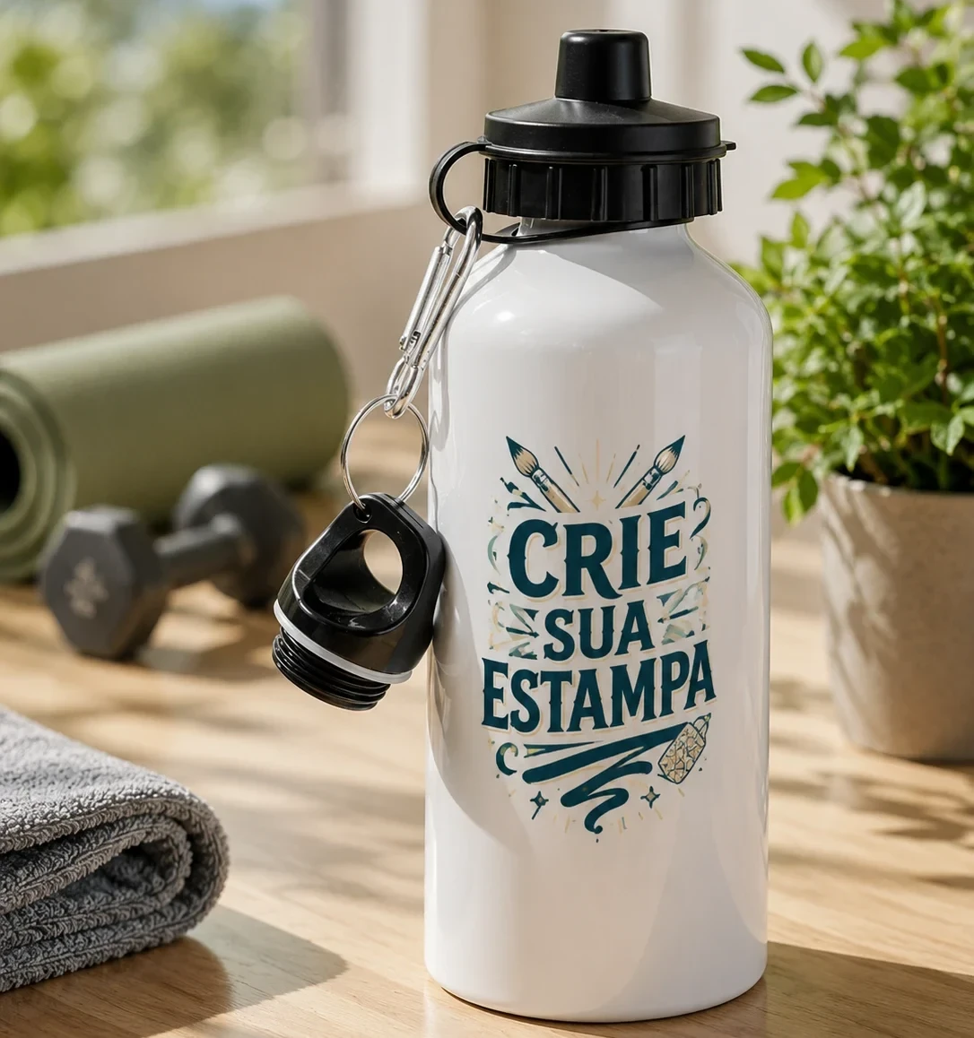 Squeeze Alumínio 600ml Personalizado Branco - 2 Tampas (Bico e Mosquetão) Kit Versátil