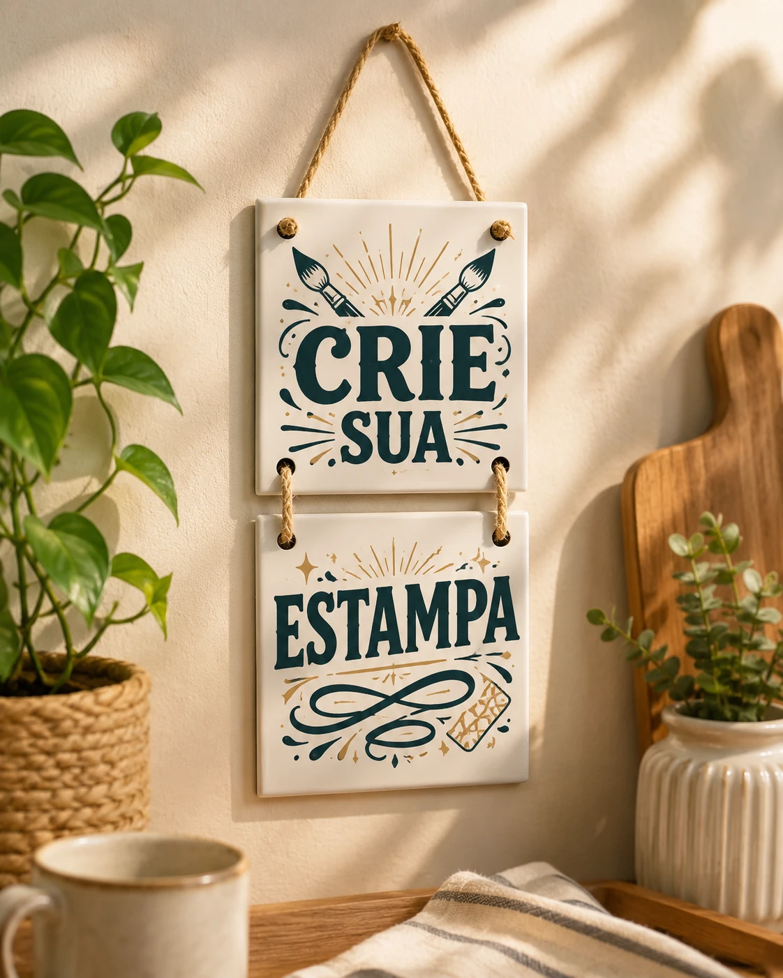 Kit 2 Azulejos Decorativos 15x15 Personalizados Com Furo E Sisal - Conjunto Rústico